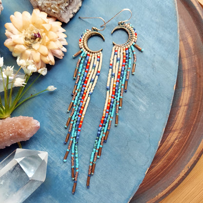 Coral Wave Crescent Moon Beaded Fringe Earrings