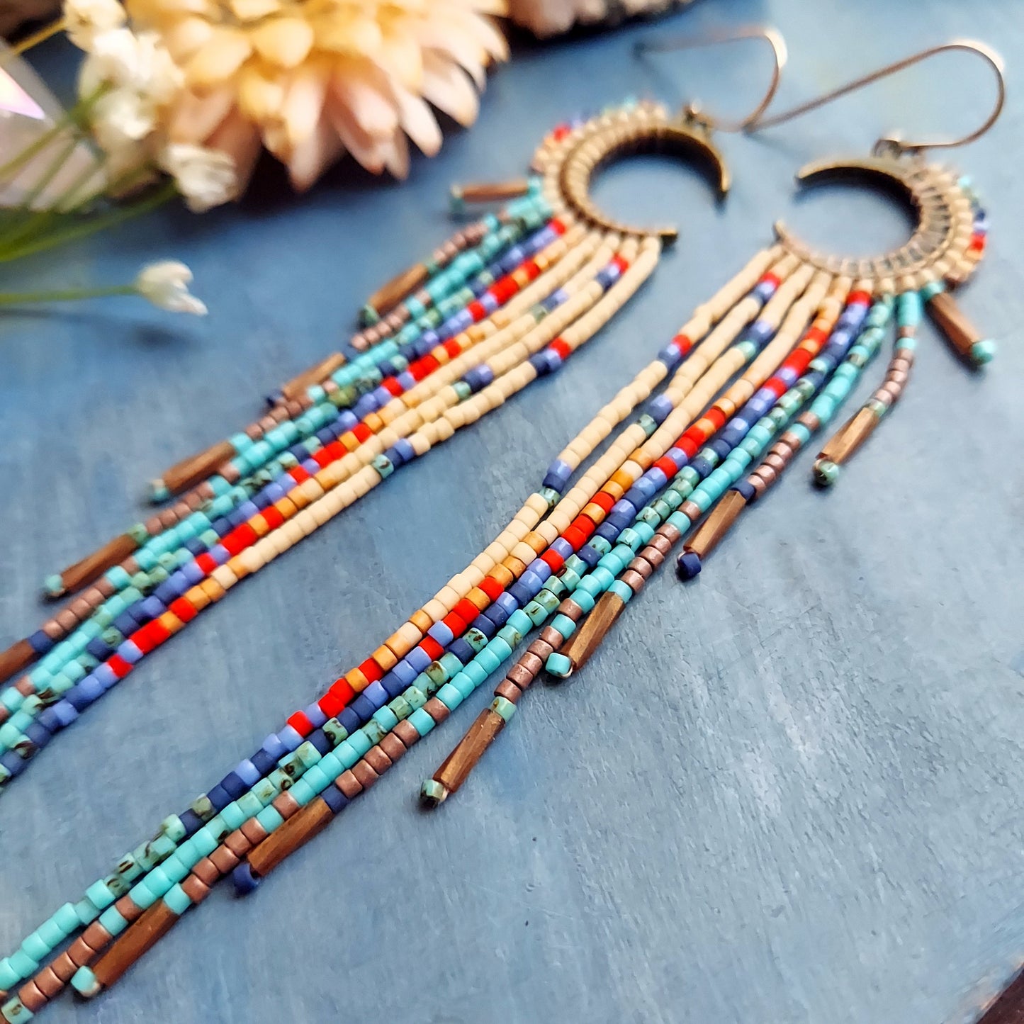Coral Wave Crescent Moon Beaded Fringe Earrings
