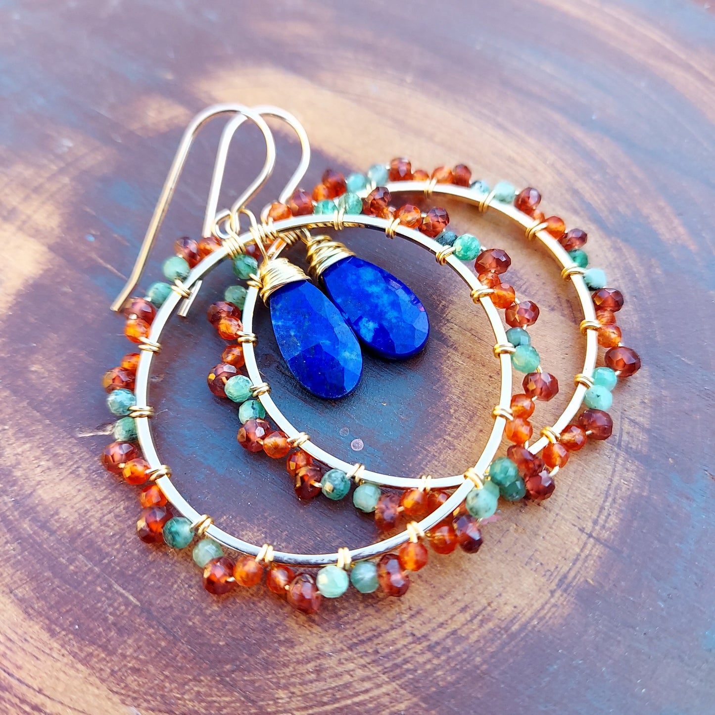 Lapis Lazuli, Emerald, Garnet and Carnelian Wirewrapped Hoop Earrings