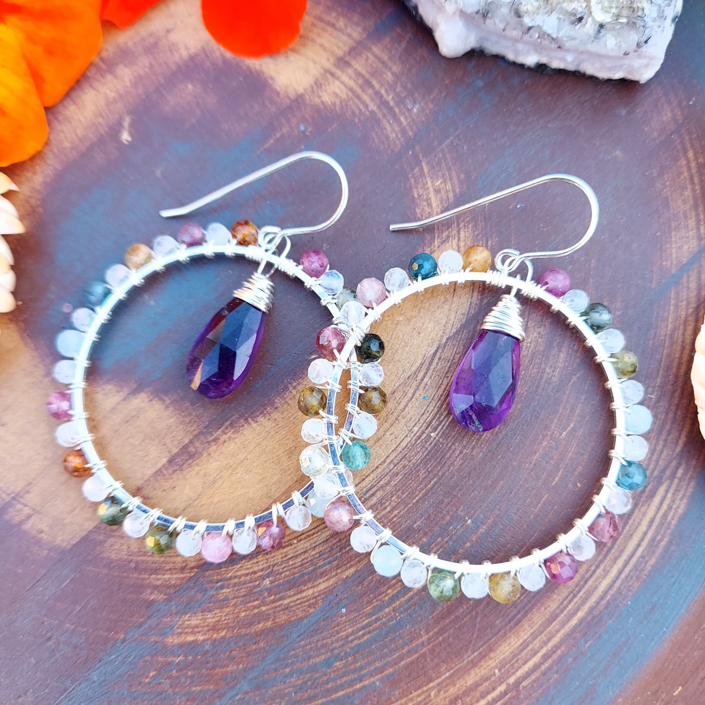 One of a Kind Amethyst, Tourmaline and Moonstone Wirewrapped Hoop Earrings