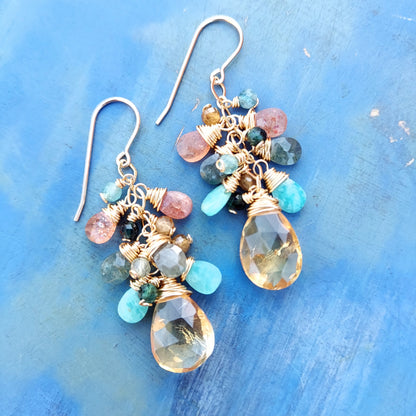 One of a Kind Mixed Gemstone Drop Earrings with Citrine