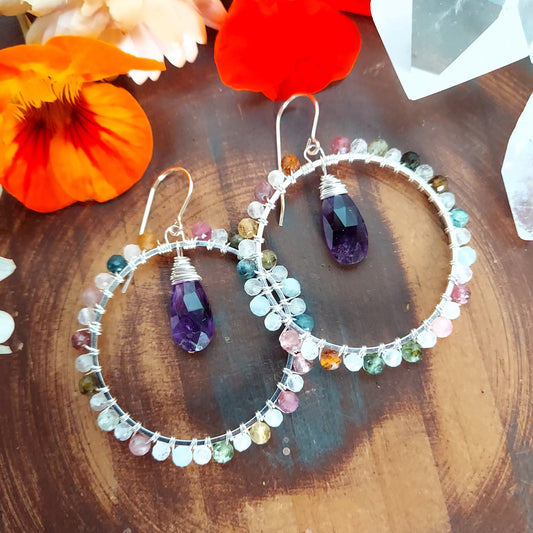 One of a Kind Amethyst, Tourmaline and Moonstone Wirewrapped Hoop Earrings