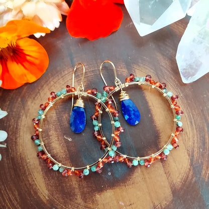 Lapis Lazuli, Emerald, Garnet and Carnelian Wirewrapped Hoop Earrings