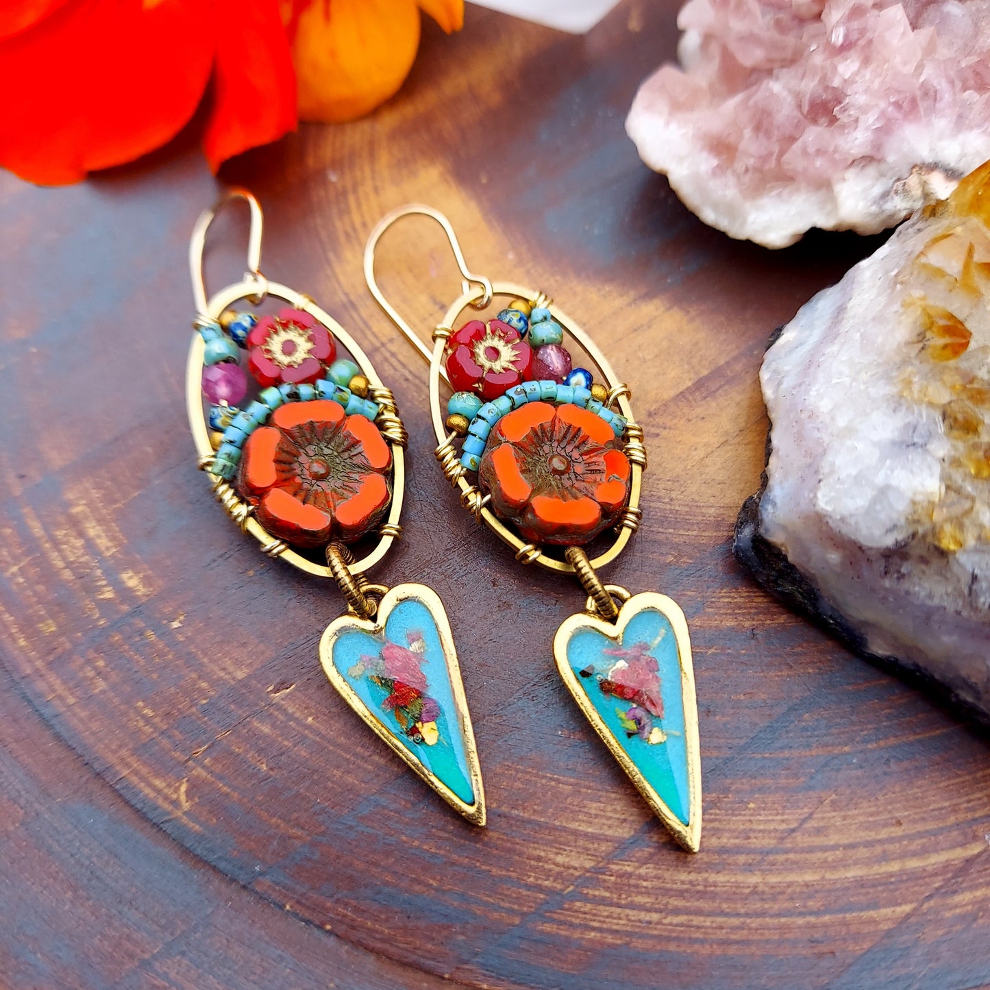 Gold Floral Heart Beaded Blooms Earrings