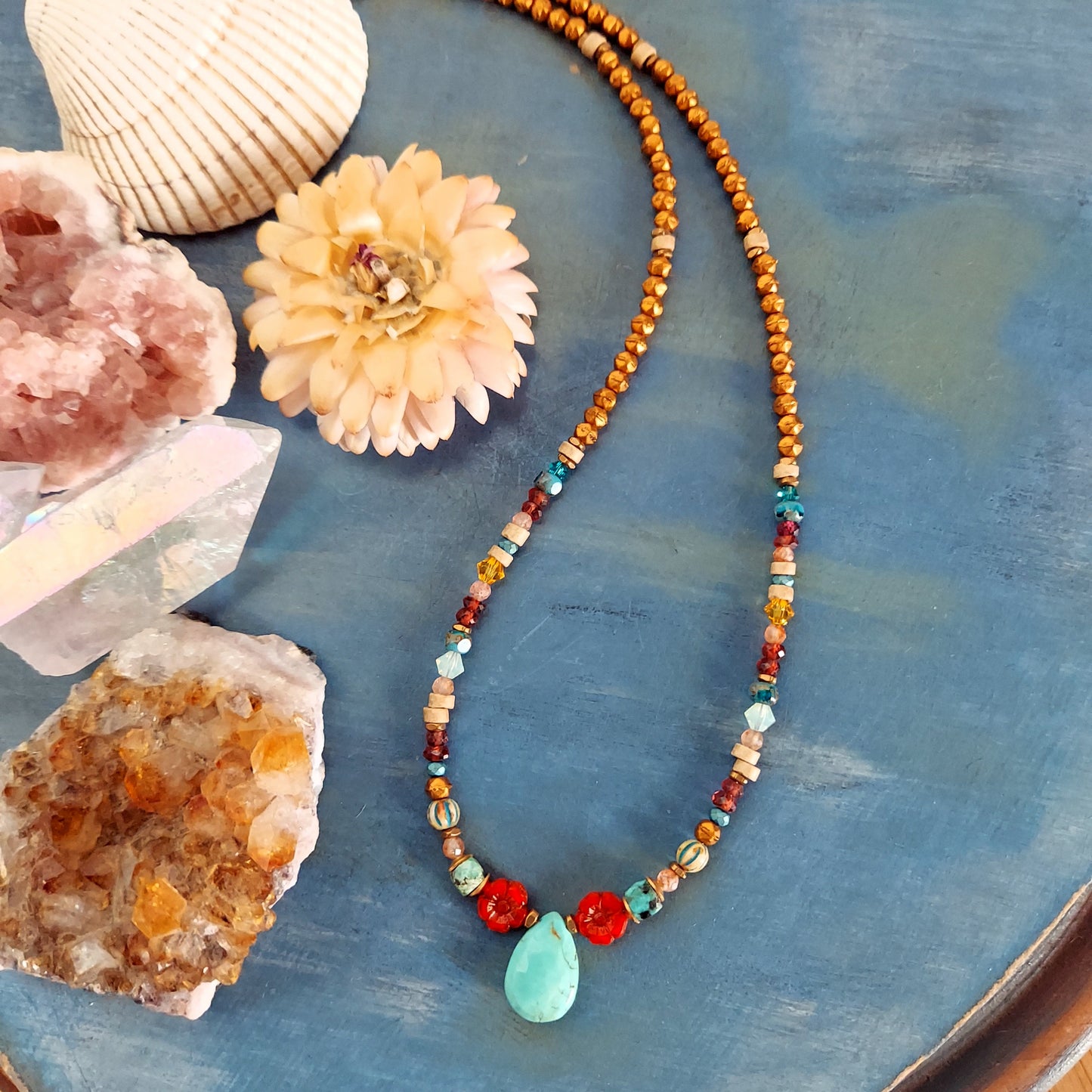 Turquoise and Red Flowers Beaded Choker Necklace