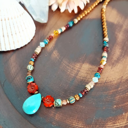 Turquoise and Red Flowers Beaded Choker Necklace