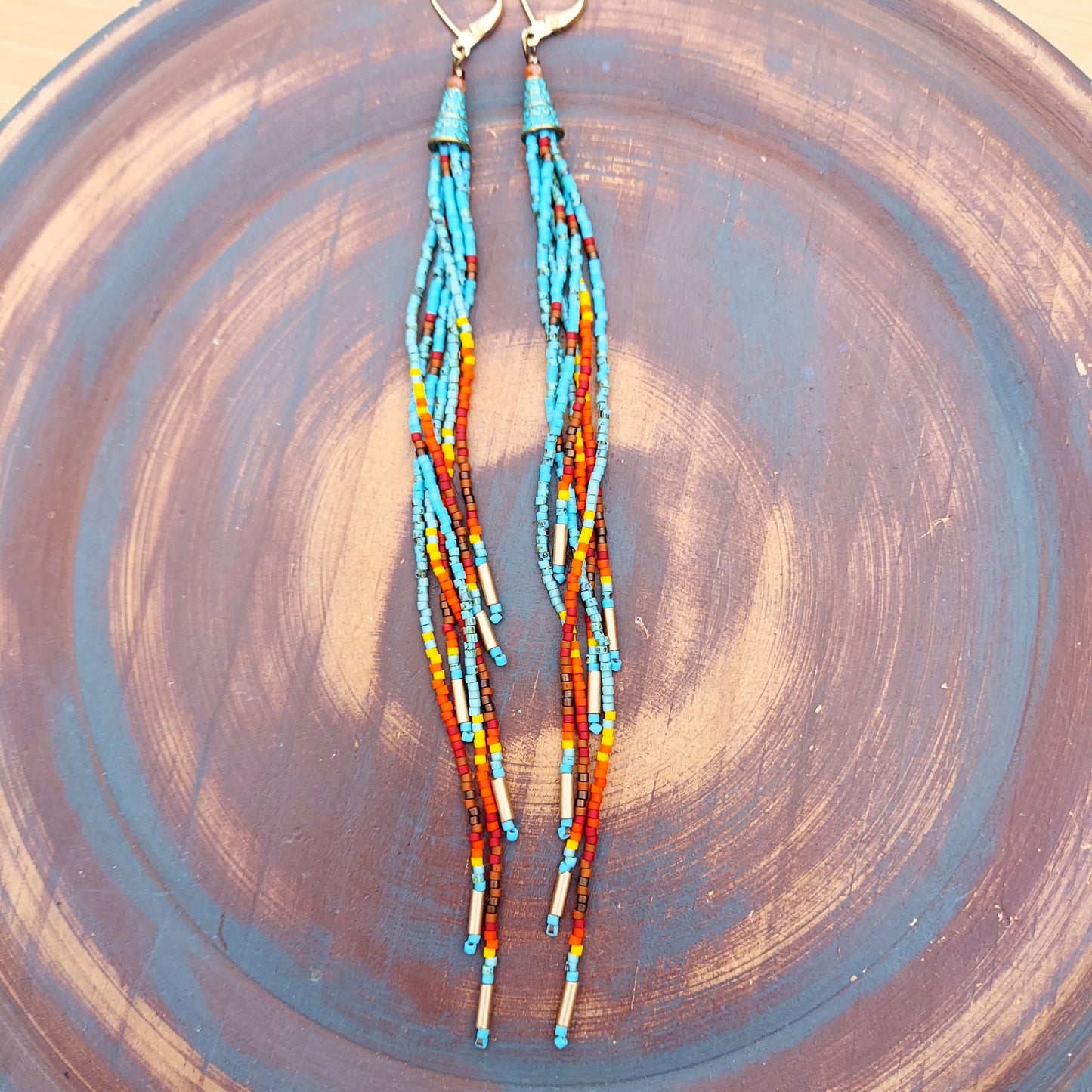 Arizona Gold Long Tassel Beaded Fringe Earrings