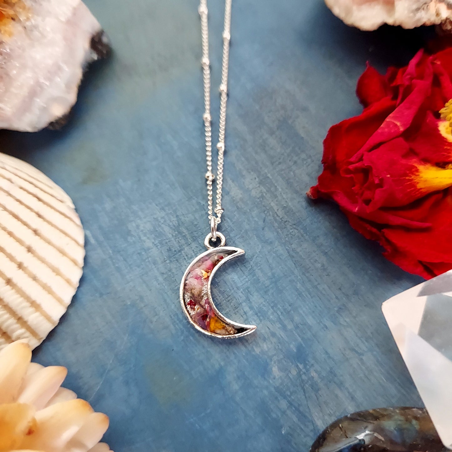 Silver Botanical Crescent Moon Necklace