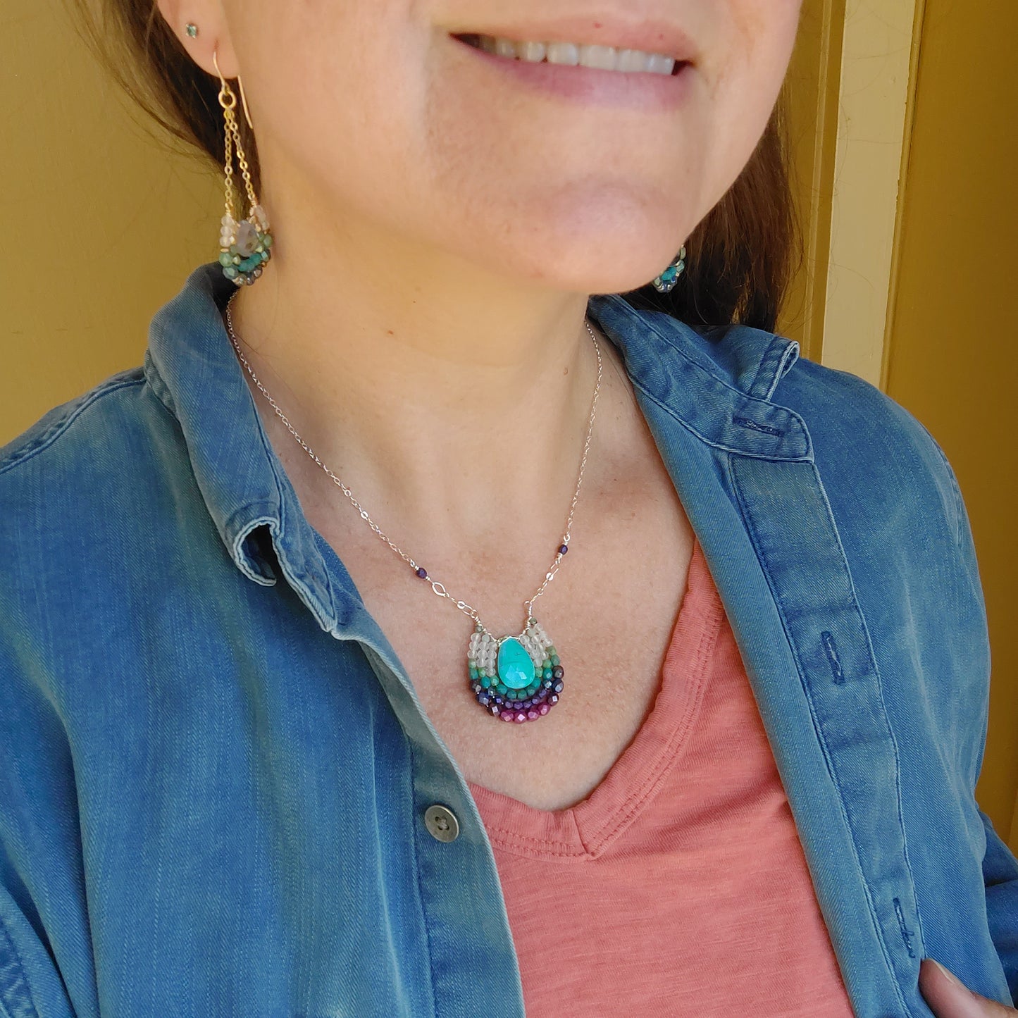 Sterling Turquoise and Rainbow Moonstone Mirela Necklace