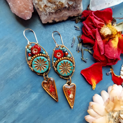 One of a Kind Golden Floral Heart Beaded Blooms Earrings