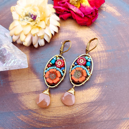 Golden Peach Moonstone Beaded Blooms Earrings