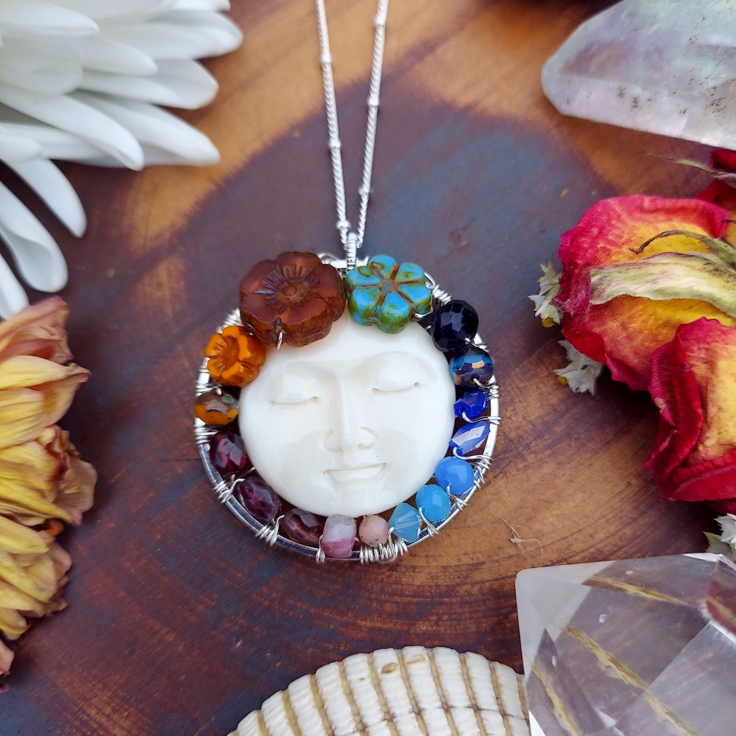 One of a Kind Moon Face Flower Necklace 40