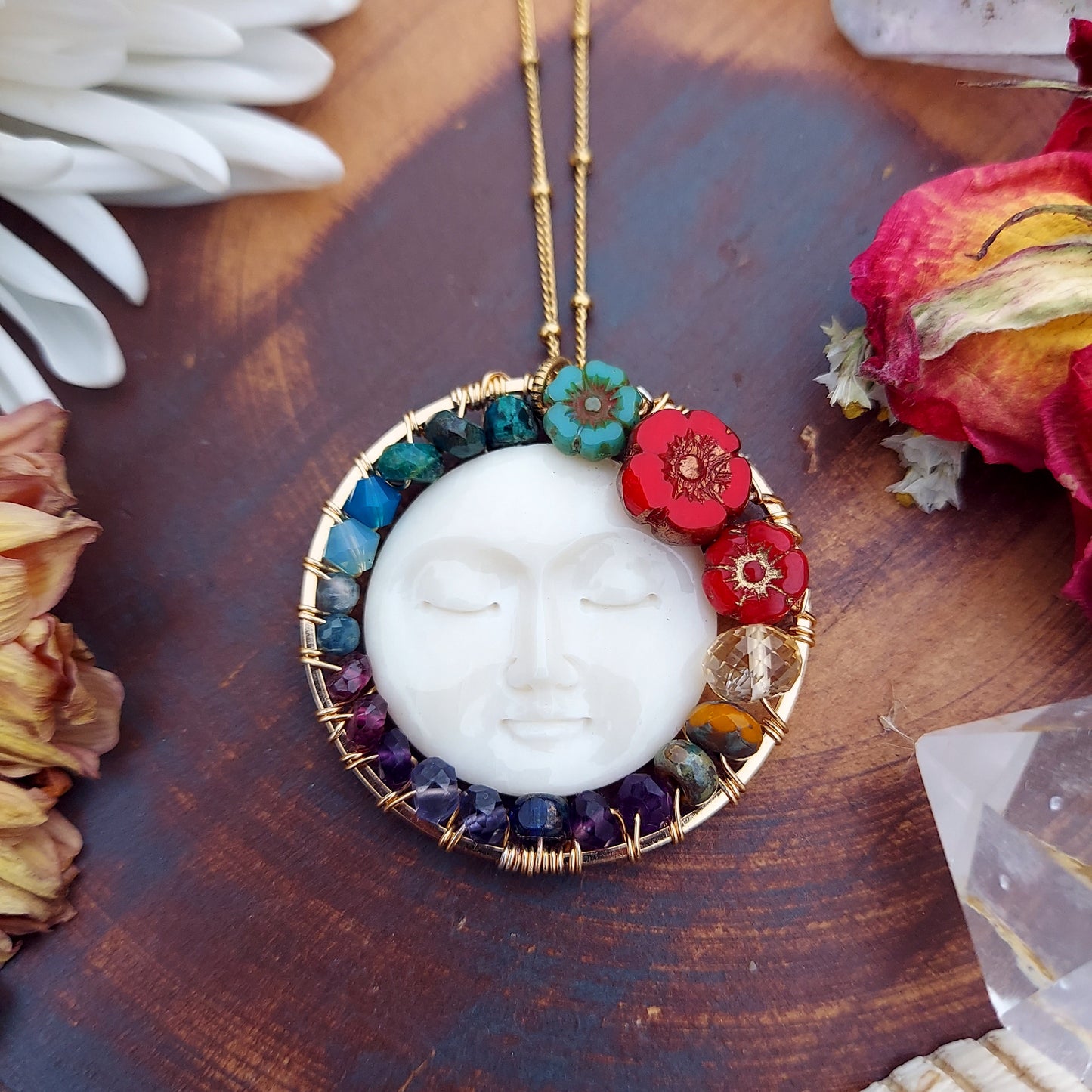 One of a Kind Moon Face Flower Necklace 39