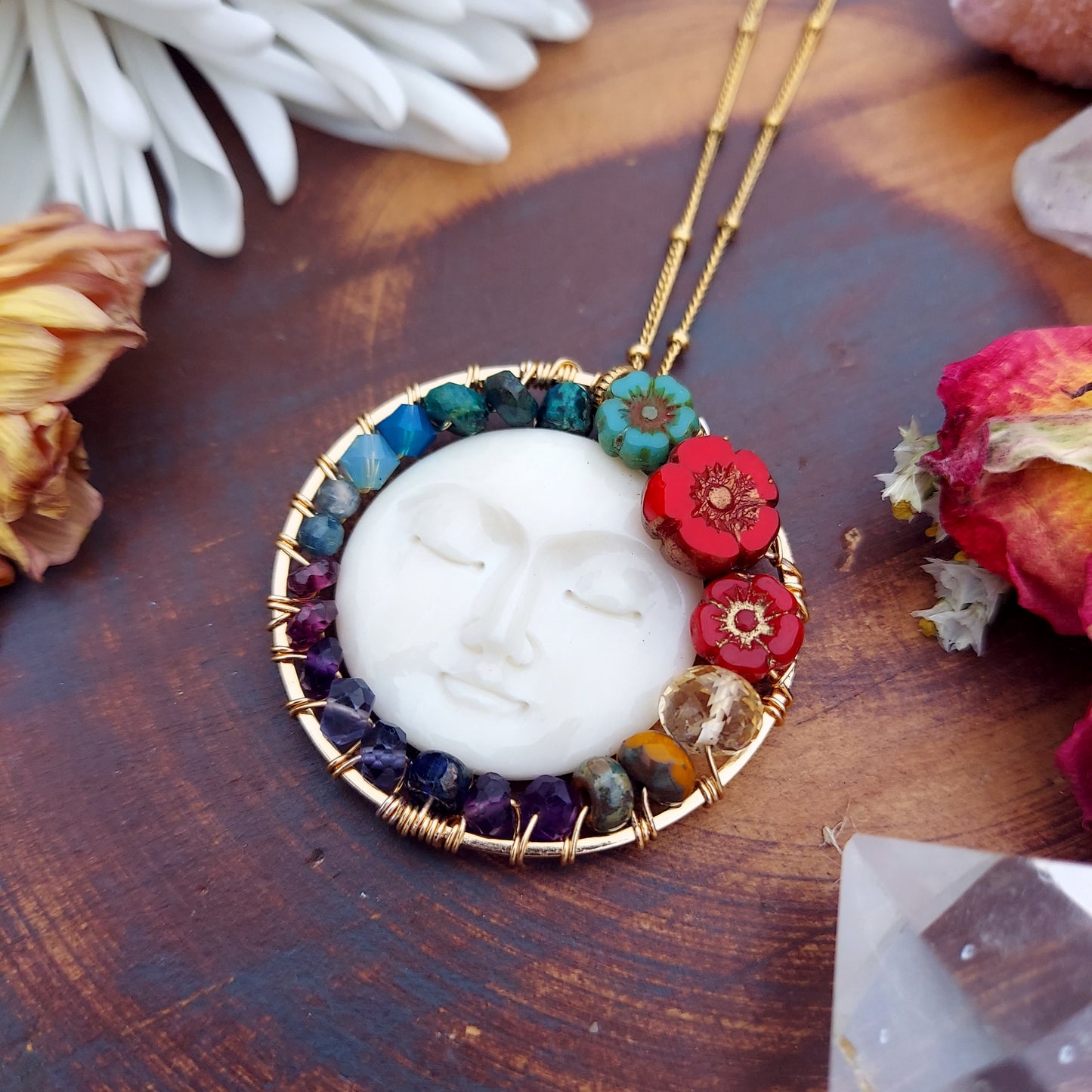 One of a Kind Moon Face Flower Necklace 39