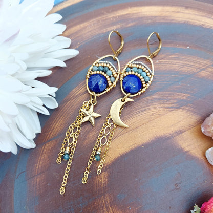 Lapis Lazuli Moon and Star Earrings