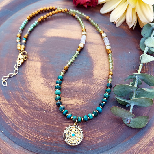 Mandala With Chrysocolla and Peridot Deluxe Gemstone Necklace