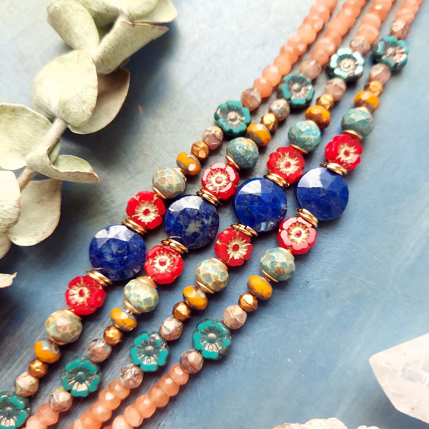 Lapis Lazuli and Flowers Beaded Bracelet