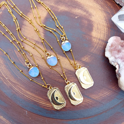 Opalite Sun and Moon Layering Necklace, Two in One
