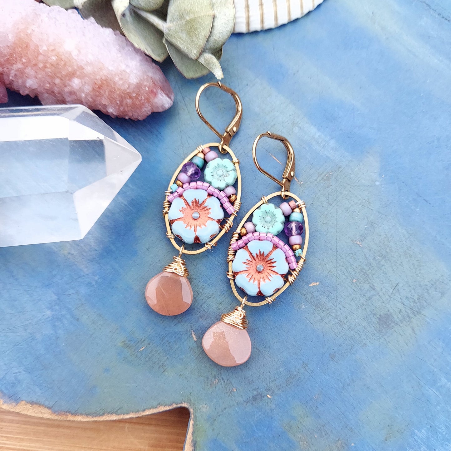 Peach Moonstone Beaded Blooms Earrings
