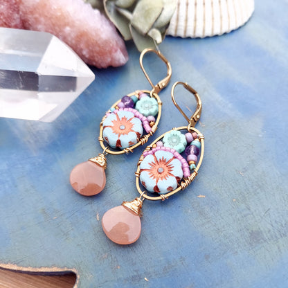 Peach Moonstone Beaded Blooms Earrings