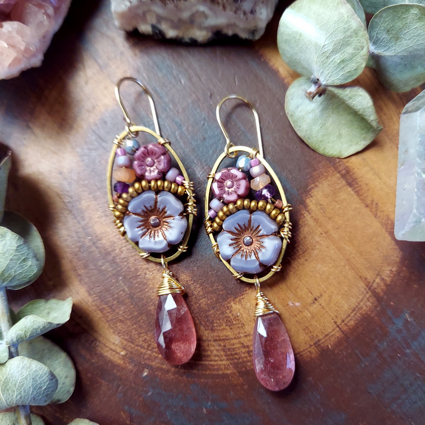 One of a Kind Strawberry Quartz  Beaded Blooms Earrings