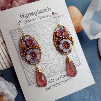 One of a Kind Strawberry Quartz  Beaded Blooms Earrings