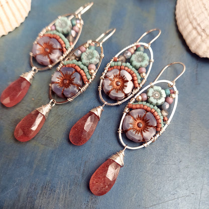 Strawberry Quartz Beaded Blooms in Silver