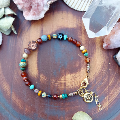 Hibiscus Flowers, Gemstone and Glass Beaded Stacking Bracelet