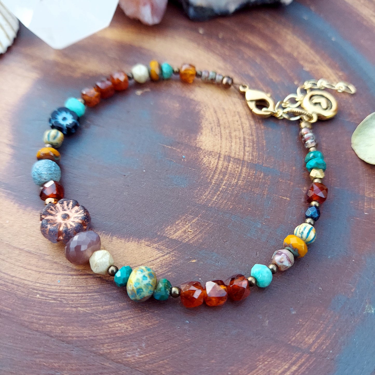 Hibiscus Flowers, Gemstone and Glass Beaded Stacking Bracelet
