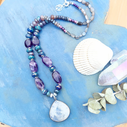 Rainbow Moonstone and Amethyst Gemstone and Glass Beaded Necklace