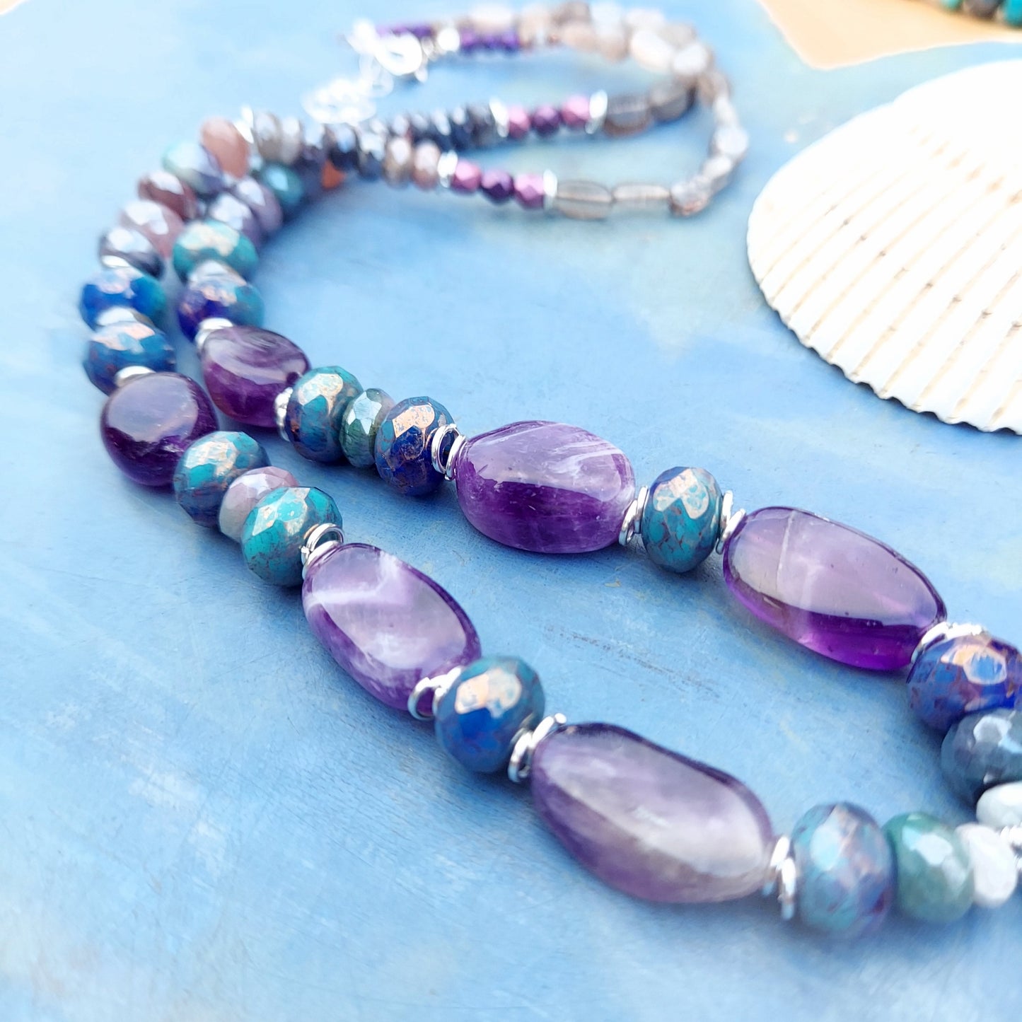Rainbow Moonstone and Amethyst Gemstone and Glass Beaded Necklace