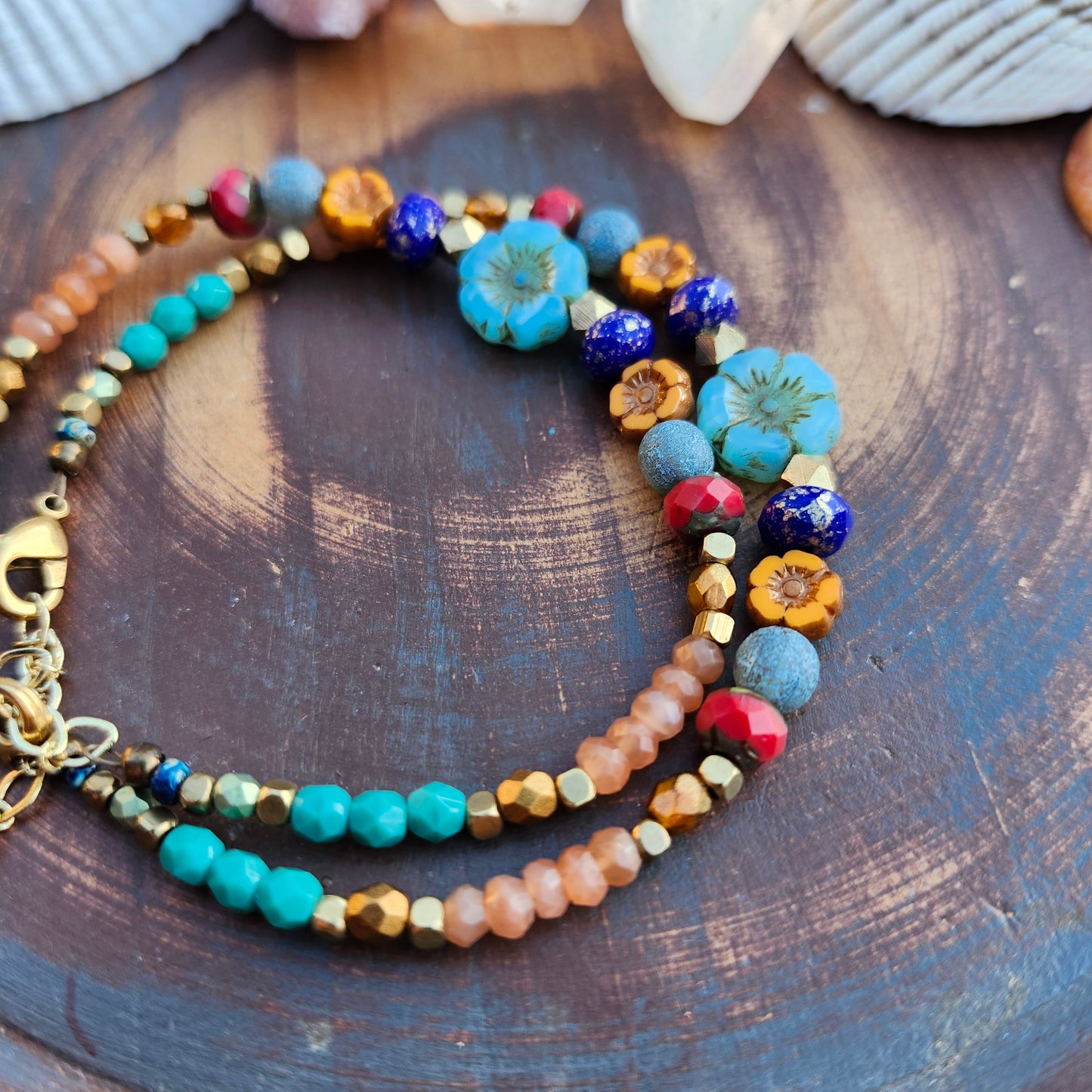 Glass Flowers and Peach Moonstone Stacking Bracelet