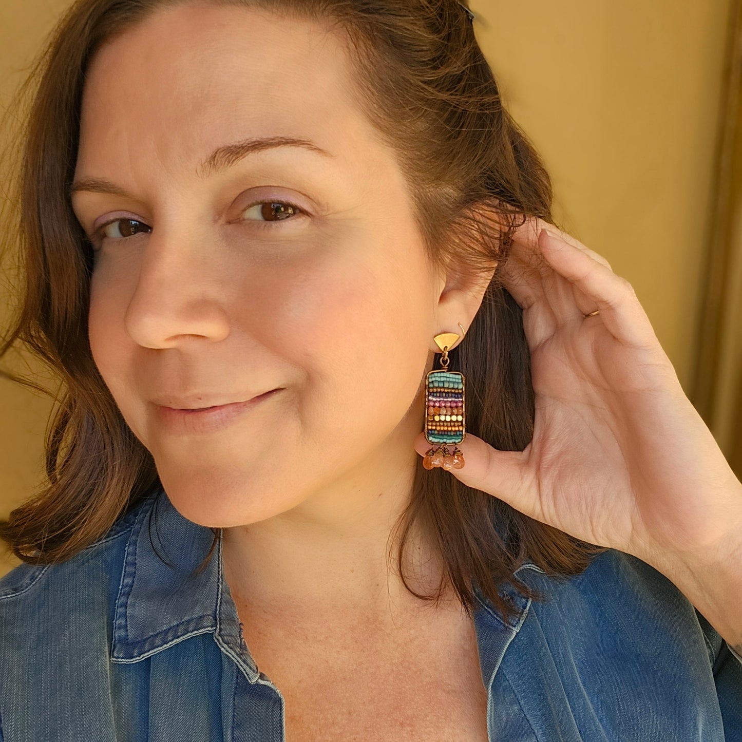 One of a Kind Beaded Tapestry Earrings with Sunstone
