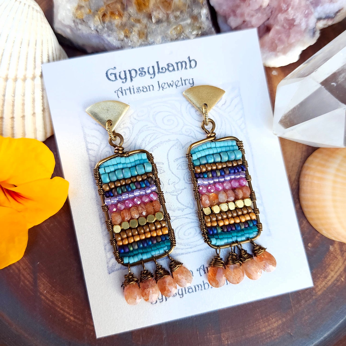 One of a Kind Beaded Tapestry Earrings with Sunstone