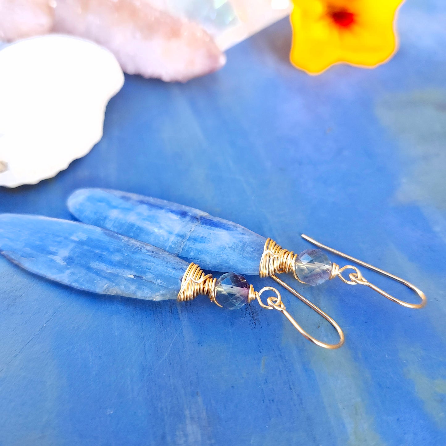 One of a Kind Blue Kyanite and Fluorite Gemstone Earrings