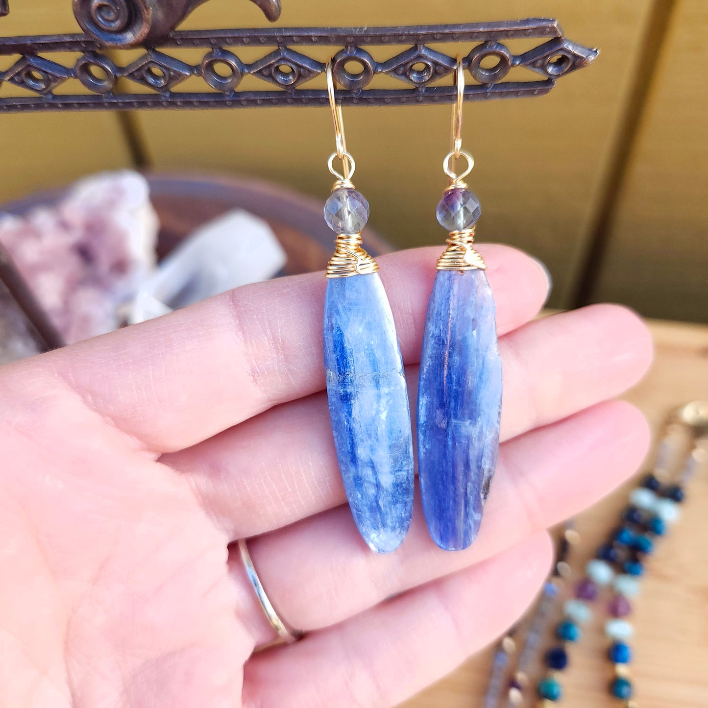 One of a Kind Blue Kyanite and Fluorite Gemstone Earrings