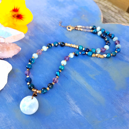 Larimar, Green Moonstone and Fluorite Beaded Necklace, One of a Kind