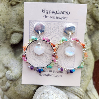 Sterling Silver Rainbow Gemstone  Hoops with Hexagons