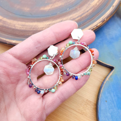 Sterling Silver Rainbow Gemstone  Hoops with Hexagons
