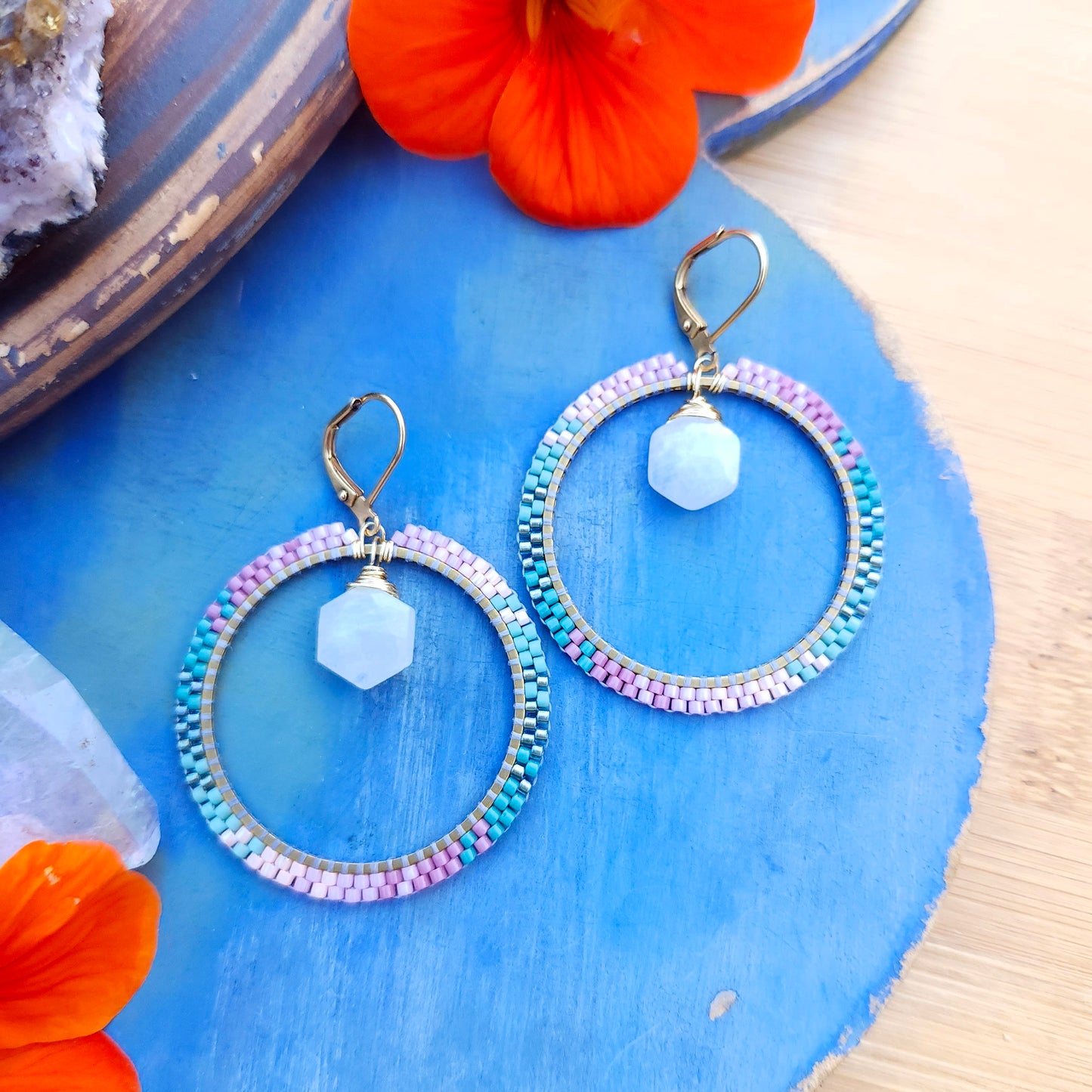 Woven Hoops with Rainbow Moonstone