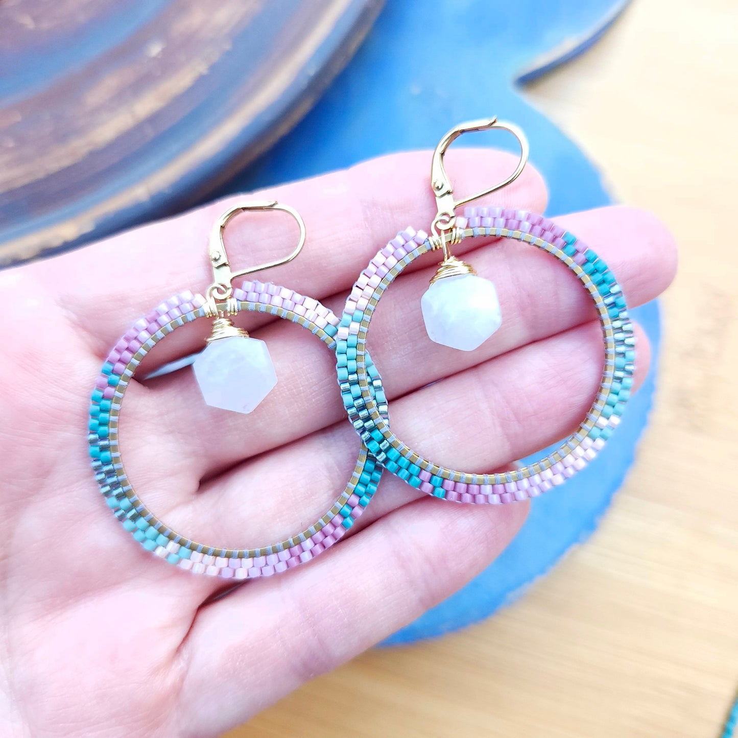 Woven Hoops with Rainbow Moonstone