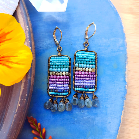 Beaded Tapestry Earrings with Moss Aquamarine