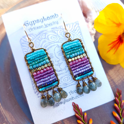 Beaded Tapestry Earrings with Moss Aquamarine