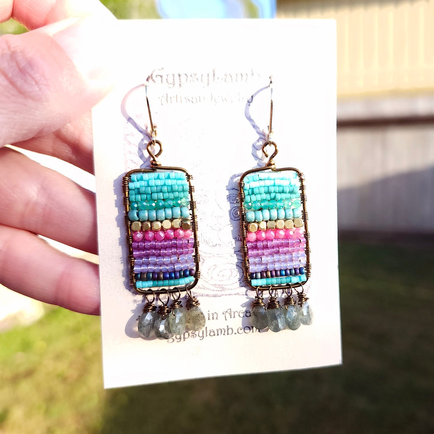 Beaded Tapestry Earrings with Moss Aquamarine