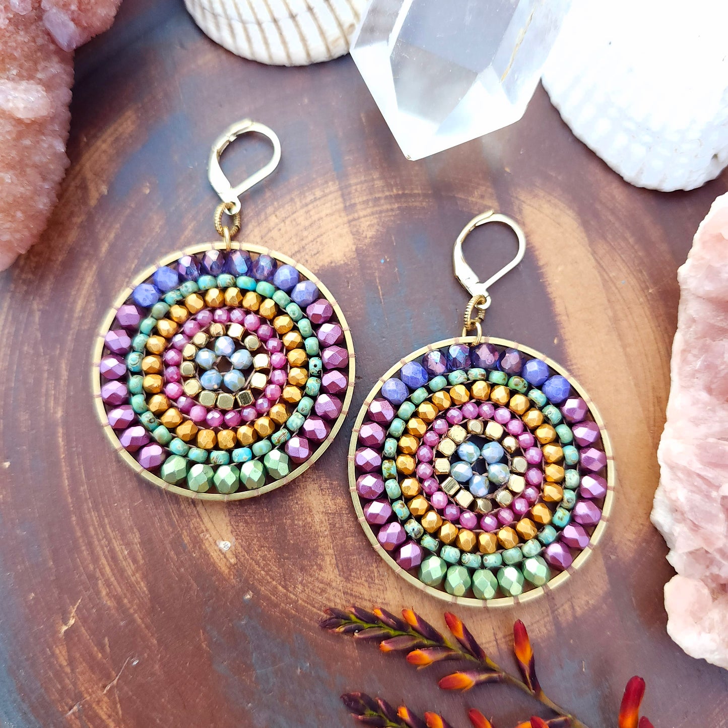 Beaded Mandala Earrings with Pink Tourmaline