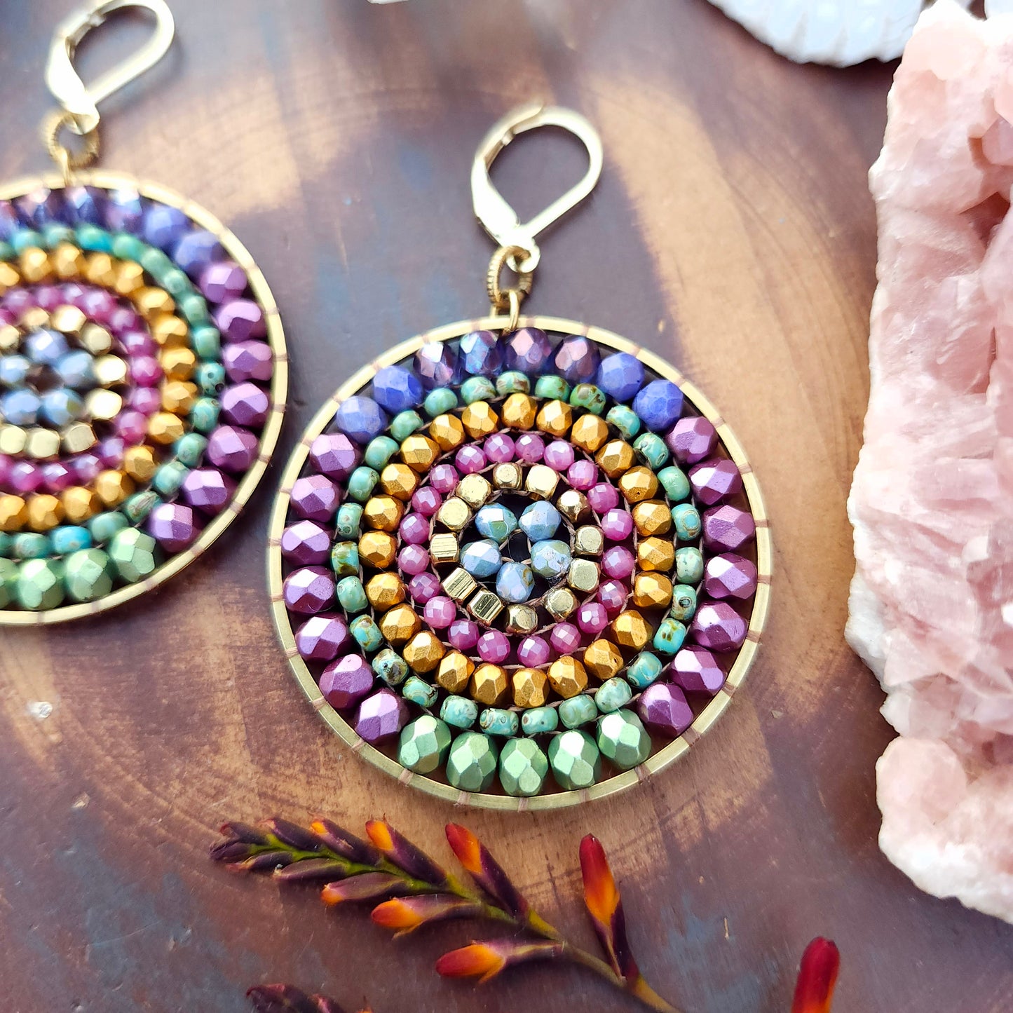 Beaded Mandala Earrings with Pink Tourmaline