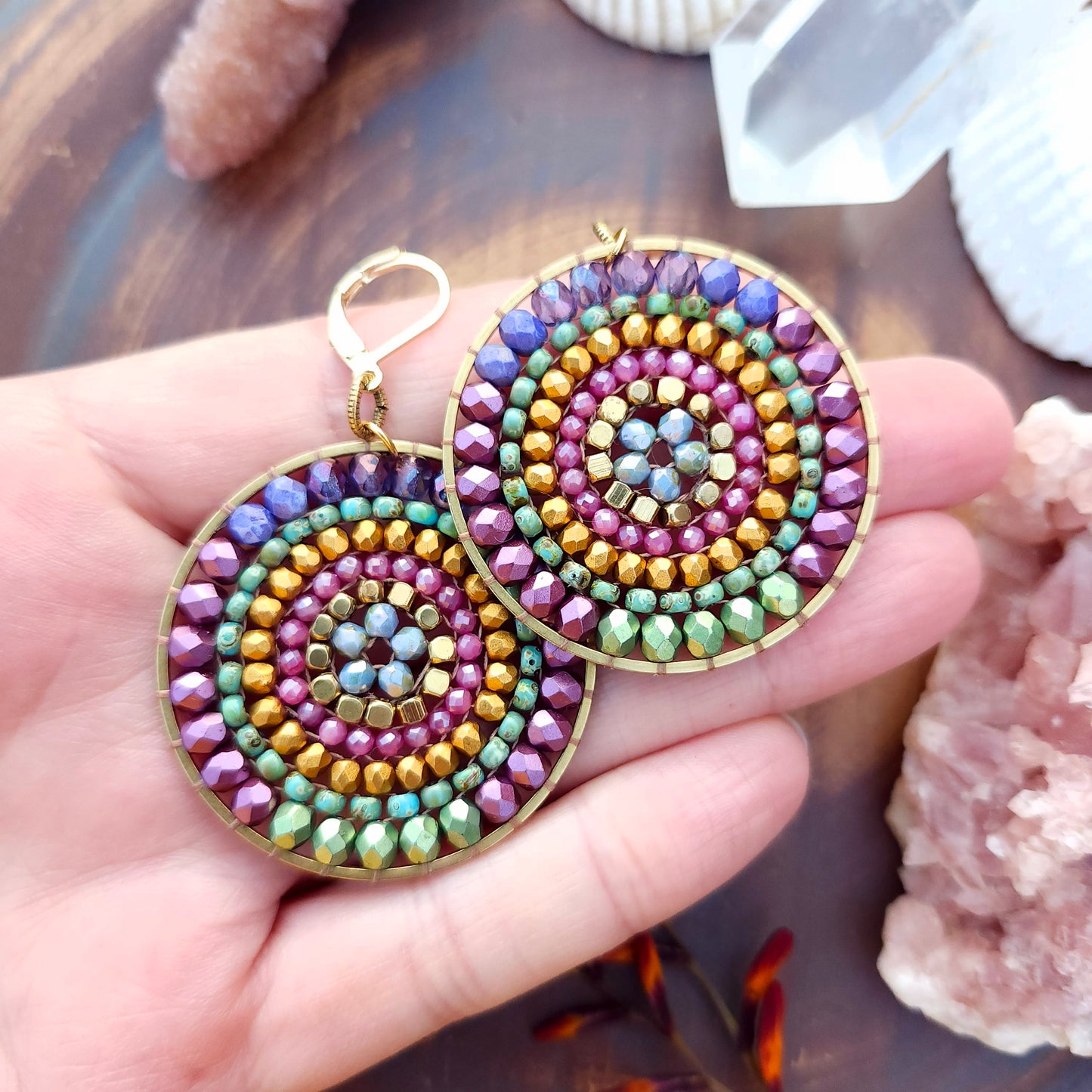 Beaded Mandala Earrings with Pink Tourmaline