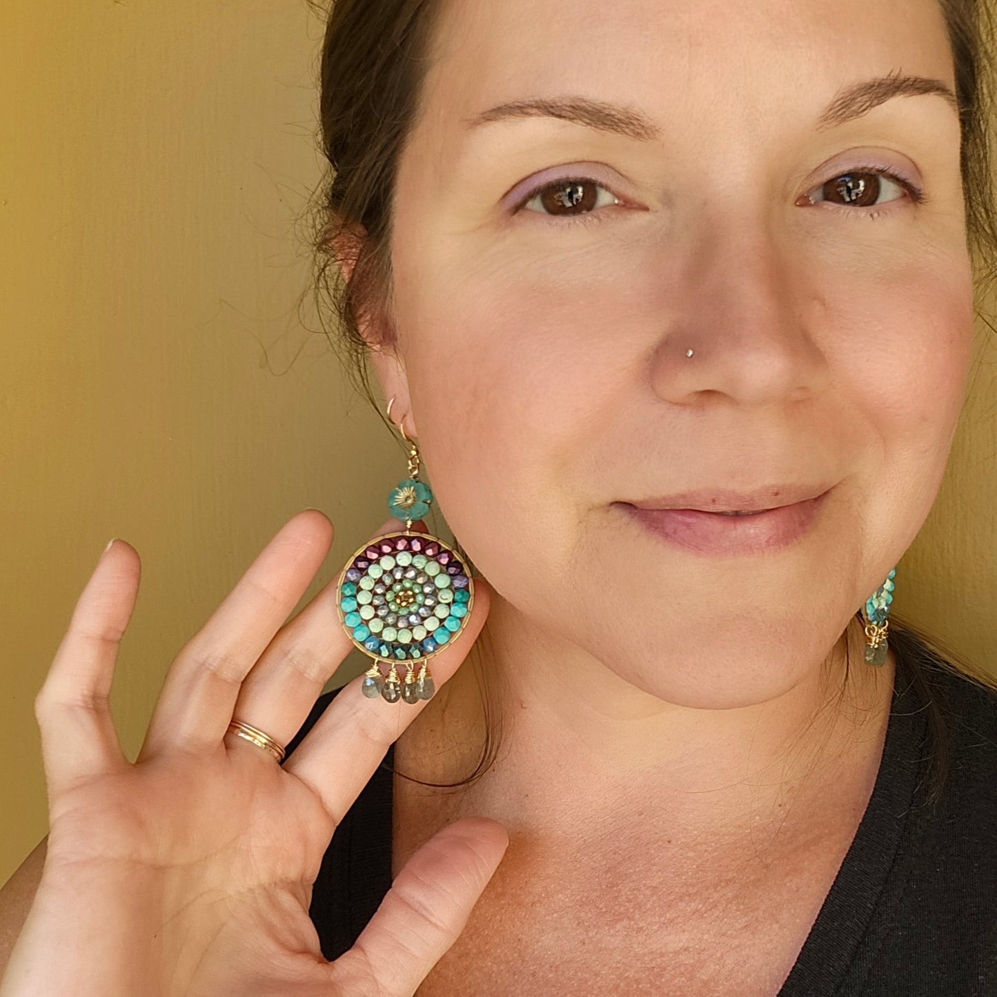 Beaded Mandala Earrings with Aquamarine Drops