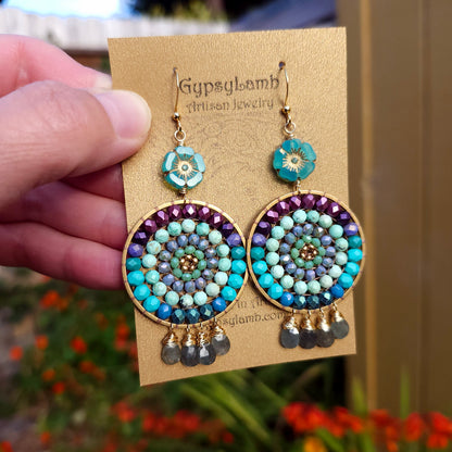 Beaded Mandala Earrings with Aquamarine Drops