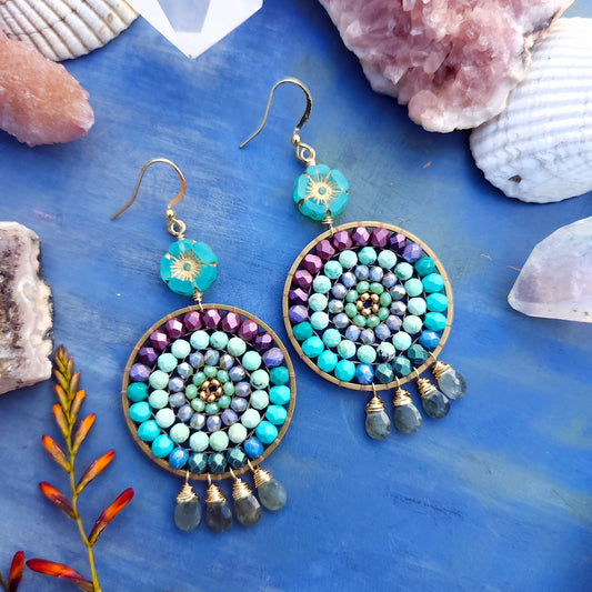 Beaded Mandala Earrings with Aquamarine Drops